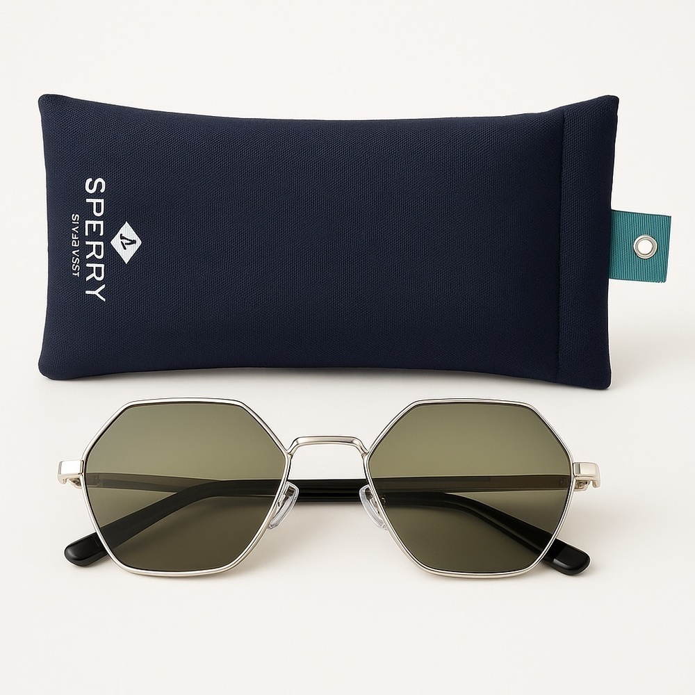 Sperry Silver Hexagonal Sunglasses with Navy Case